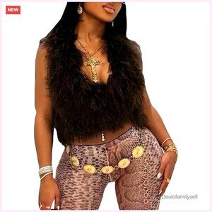 Women's Faux Fur Collar Halter Vest Crop Top Sleeveless Backless Tie Lace Up